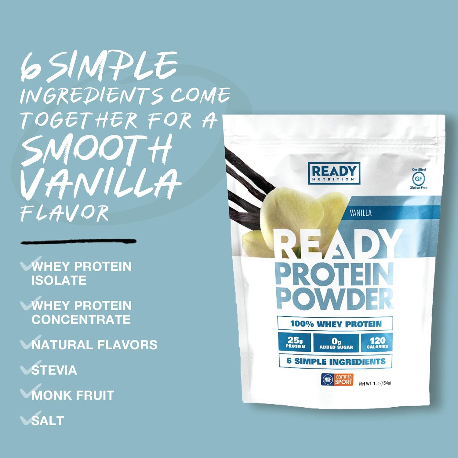 Vanilla Whey Protein Powder - 25g Protein, 0g Added Sugar, 6 Simple Ingredients - 1lb Bag