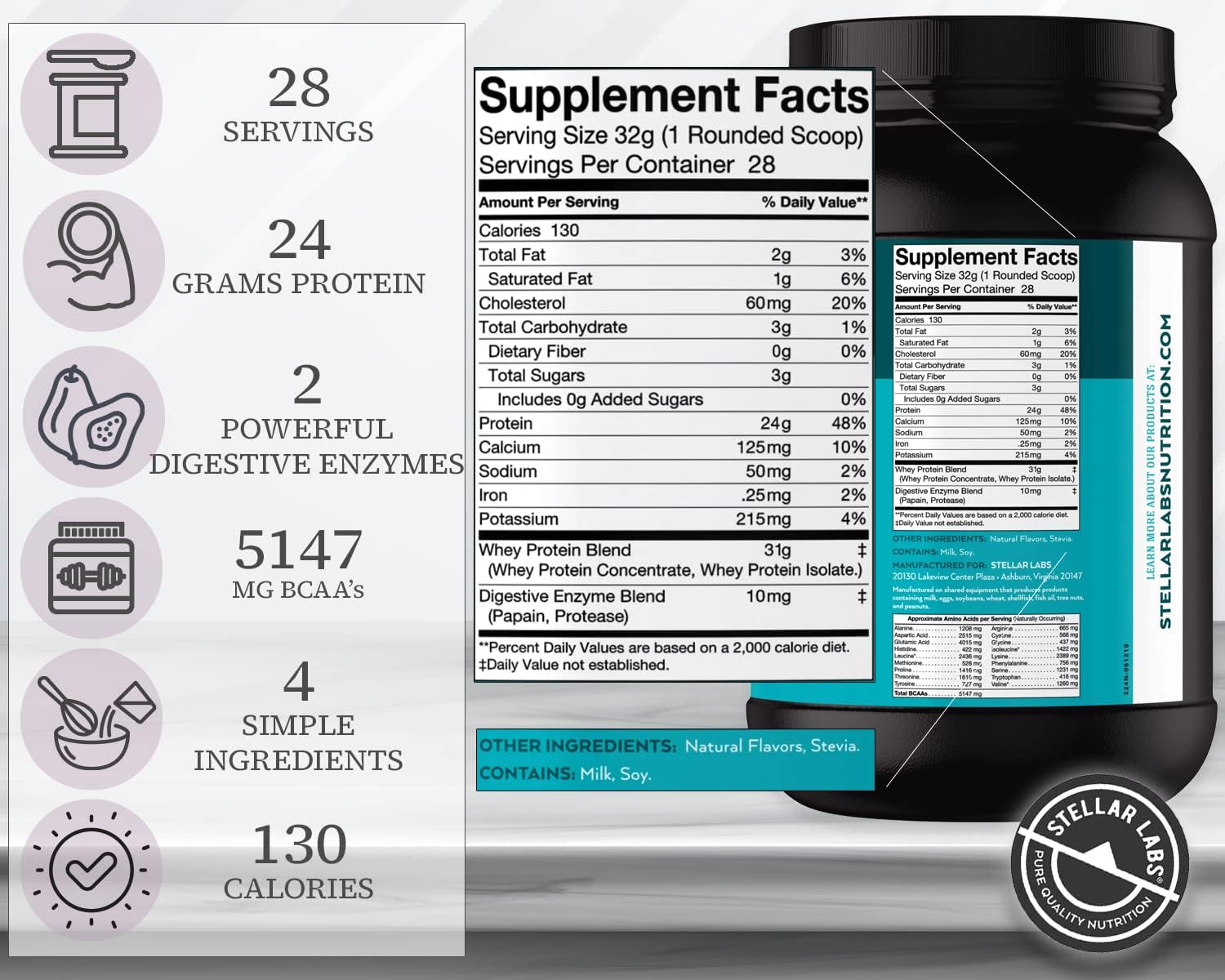Vanilla Whey Protein Powder with BCAA's & Whey Isolate - Low FODMAP, Non GMO, Gluten Free, Soy Free, Keto - Natural Lean Post Workout Shakes