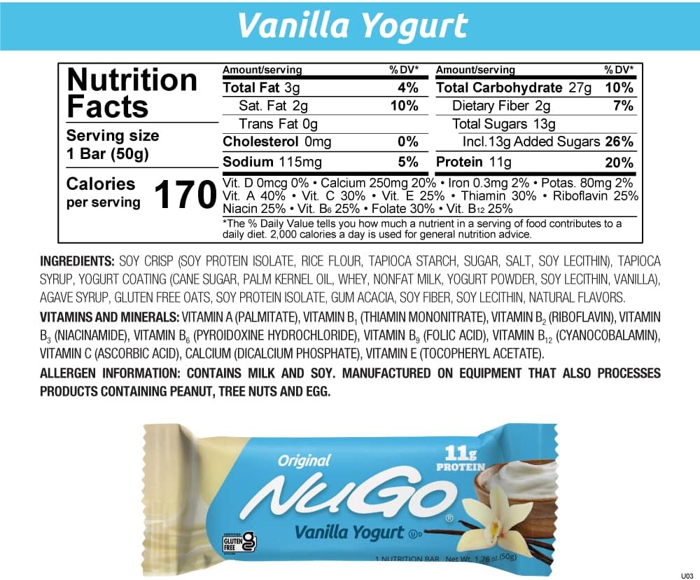 Vanilla Yogurt NuGo Protein Bars - 11g Protein, 170 Calories, Gluten Free - 15 Bars, 1.76 oz each