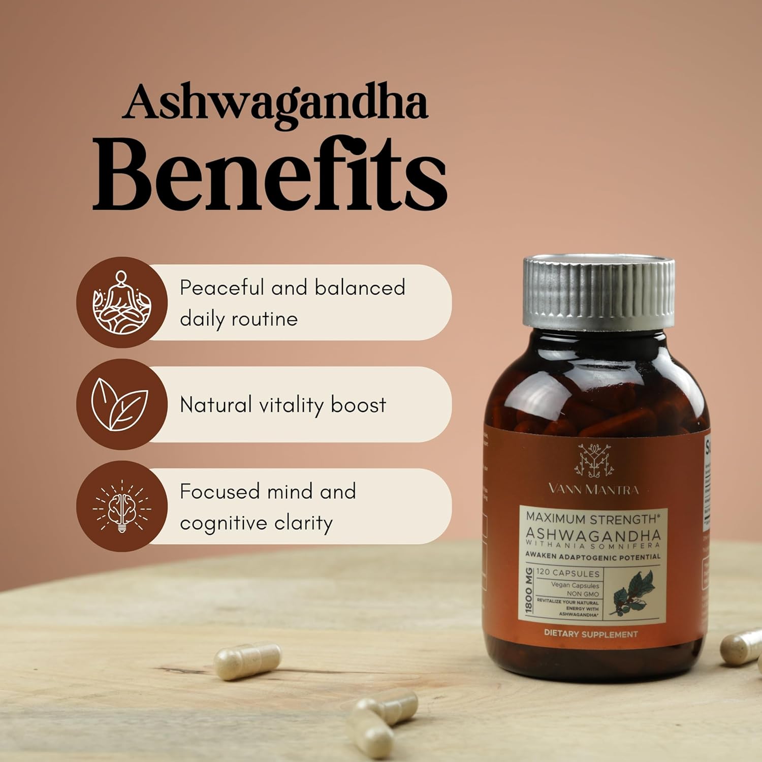 VANN MANTRA Ashwagandha Capsules for Stress Relief & Immune Support - 120 Count, 1800mg - Vegan Ayurvedic Supplement - Non GMO