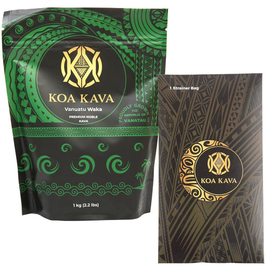 Vanuatu Waka Kava 1 Kilo Bundle with Drawstring Strainer - Premium Koa Kava Roots from Vanuatu - 2.2 Pounds