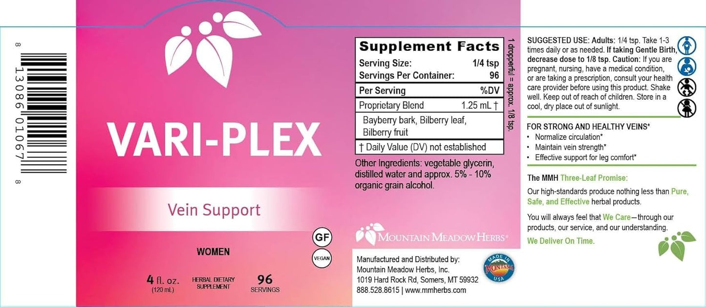 Vari-Plex Vein Vitality Liquid Extract for Women - Boost Circulation and Capillary Health - Mountain Meadow Herbs - 4oz.