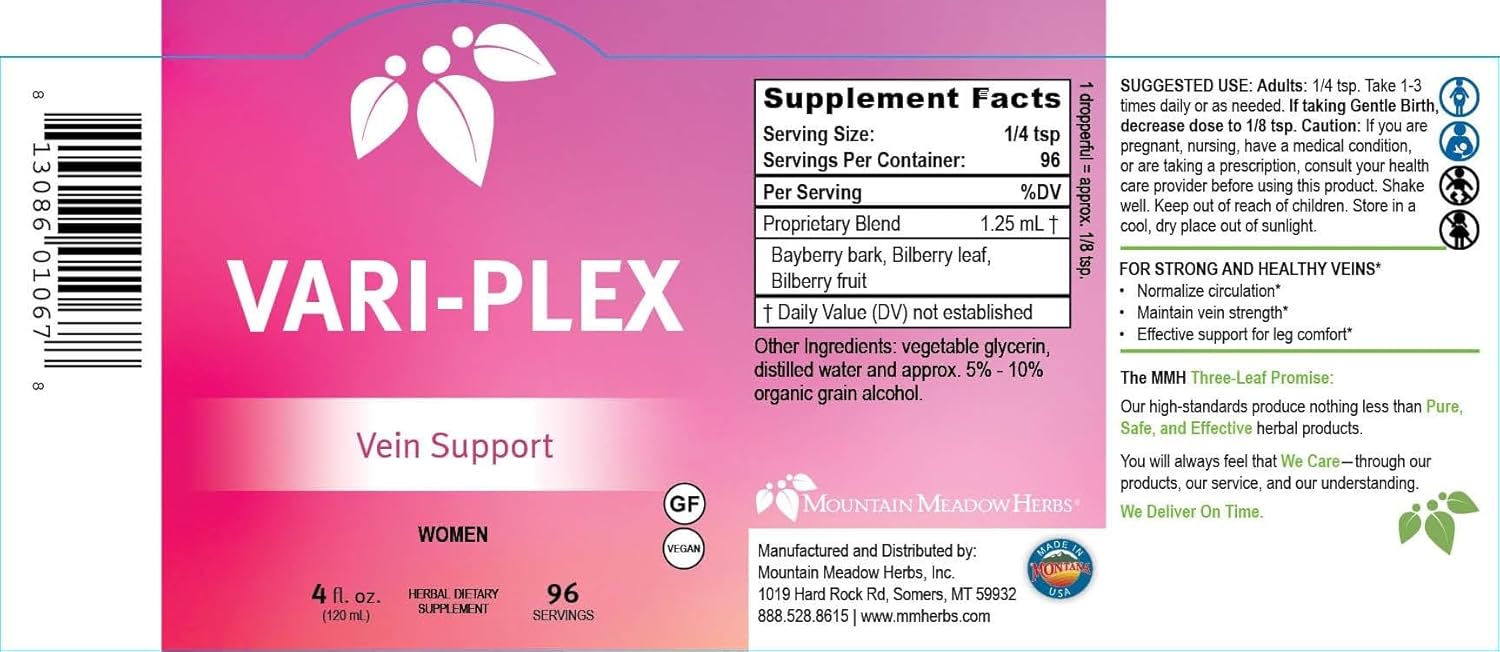 Vari-Plex Vein Vitality Liquid Extract for Women - Boost Circulation and Capillary Health - Mountain Meadow Herbs - 4oz.