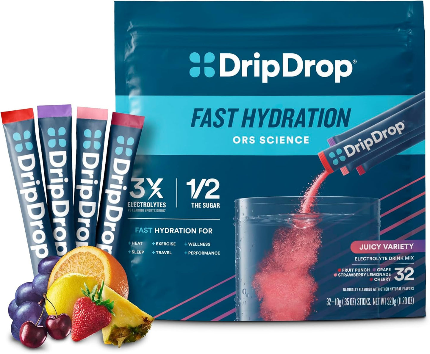 Variety Pack DripDrop Hydration Electrolyte Drink Mix Powder Packets - Grape, Fruit Punch, Strawberry Lemonade, Cherry - Non-GMO, Gluten Free, Vegan - 32 Sticks - BoostGo Australia