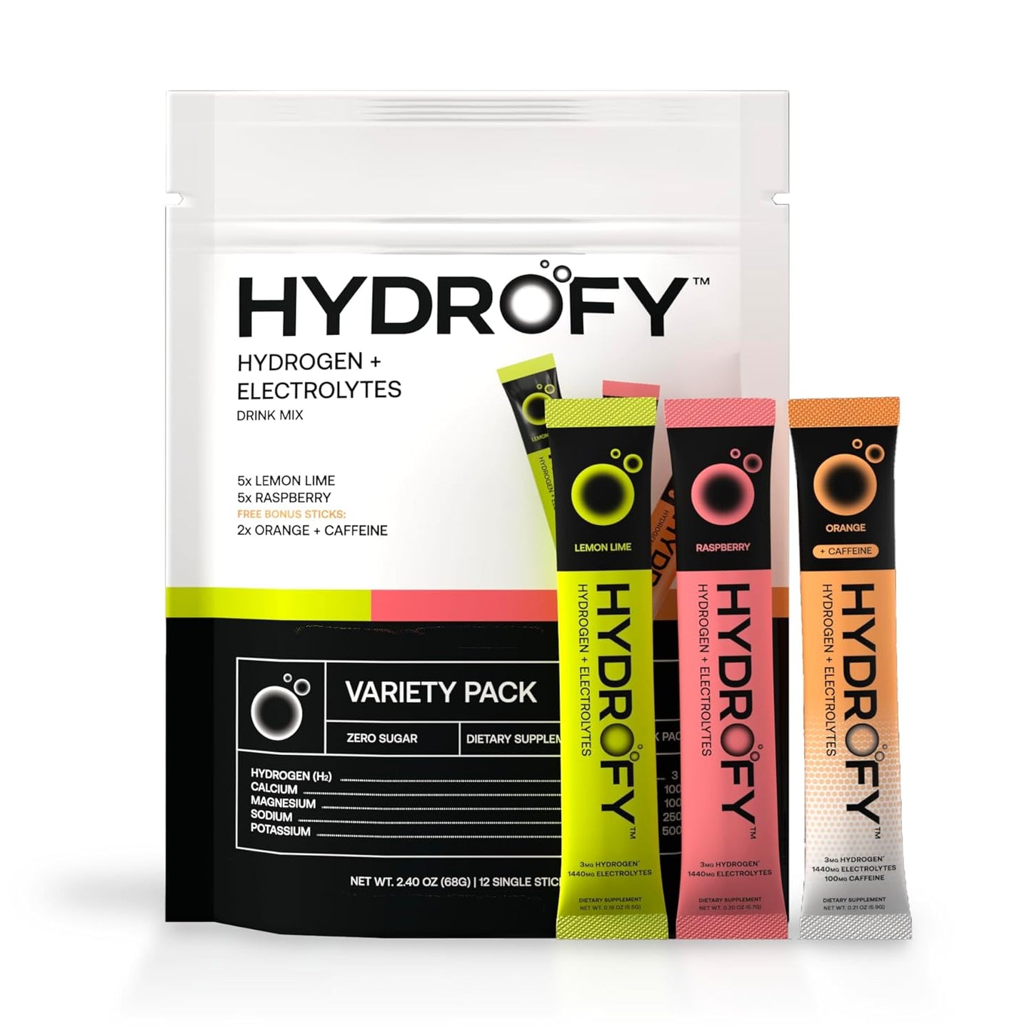 Variety Pack Hydrofy Hydrogen Water + Electrolytes Drink Mix - Hydration Packets with H2, Sodium, Potassium, Magnesium - Lemon Lime, Raspberry, Orange + Caffeine - 12 Count