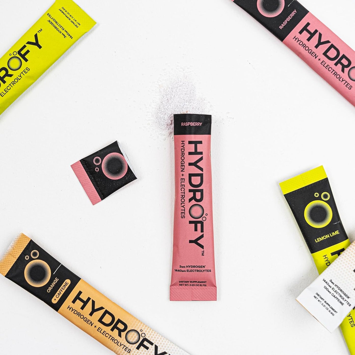 Variety Pack Hydrofy Hydrogen Water + Electrolytes Drink Mix - Hydration Packets with H2, Sodium, Potassium, Magnesium - Lemon Lime, Raspberry, Orange + Caffeine - 12 Count