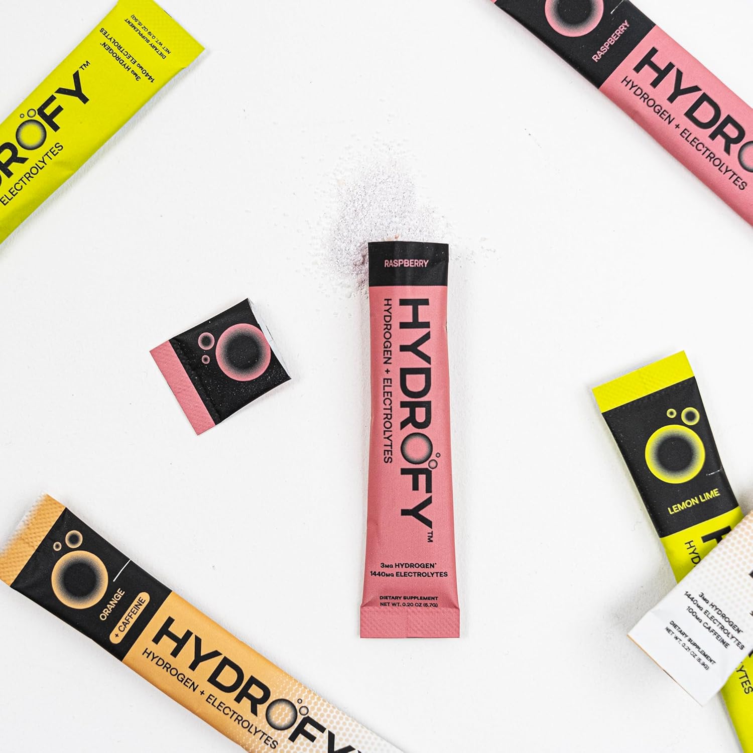 Variety Pack Hydrofy Hydrogen Water + Electrolytes Drink Mix - Hydration Packets with H2, Sodium, Potassium, Magnesium - Lemon Lime, Raspberry, Orange + Caffeine - 12 Count