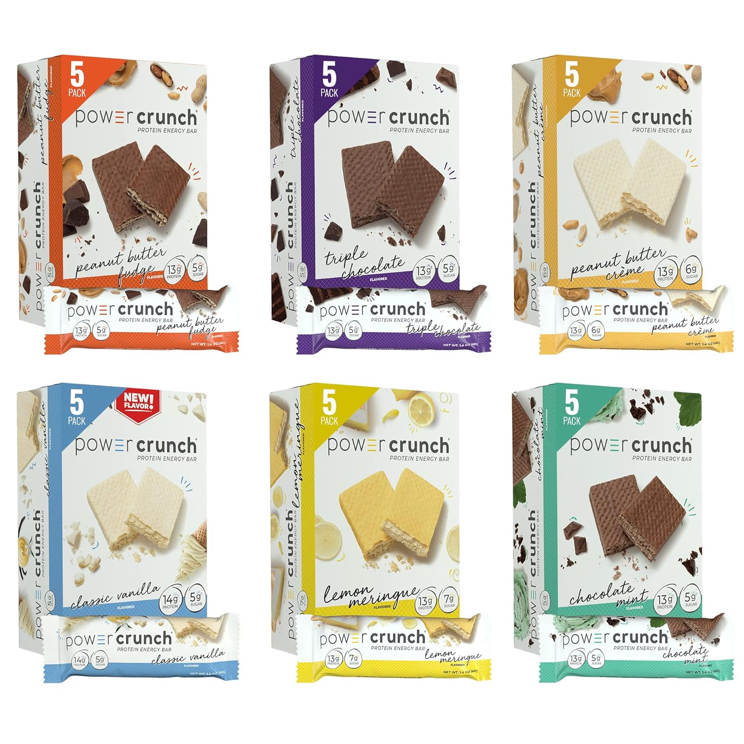 Variety Pack of 30 Power Crunch Protein Wafer Bars - 6 Flavors, 1.4 Ounce Bars, High Protein Snacks with Delicious Taste