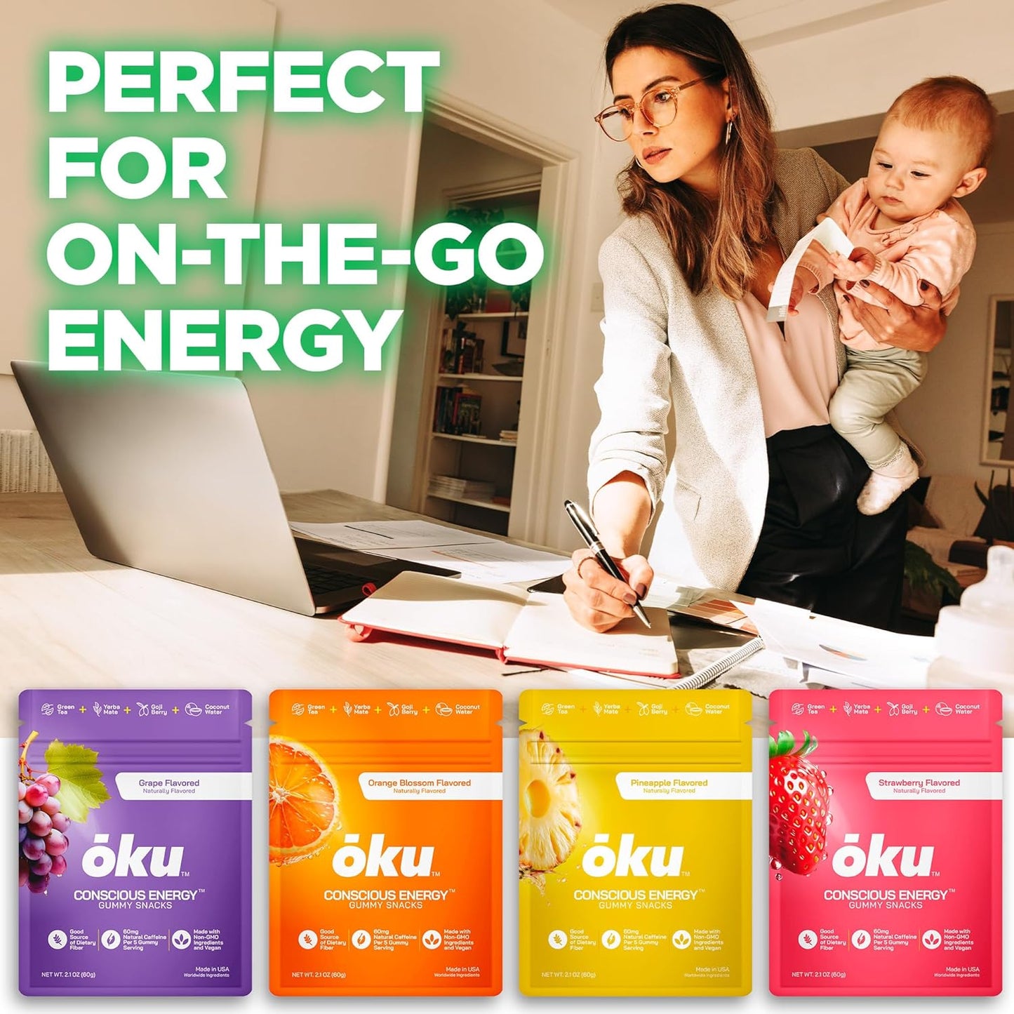 Variety Pack of 8 OKU Energy Chews - Natural Caffeine, Coconut Water, Allulose & Fiber - Ideal for Runners, Travelers - Non-GMO, Gluten Free, Vegan Snacks