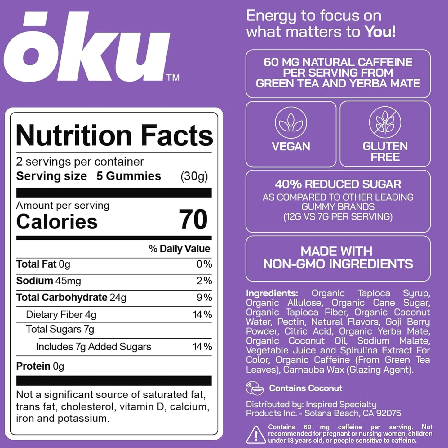 Variety Pack of 8 OKU Energy Chews - Natural Caffeine, Coconut Water, Allulose & Fiber - Ideal for Runners, Travelers - Non-GMO, Gluten Free, Vegan Snacks