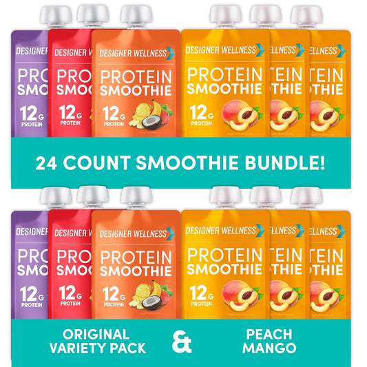 Variety Pack of Designer Wellness Protein Smoothies with Peach Mango - Original Flavors Included