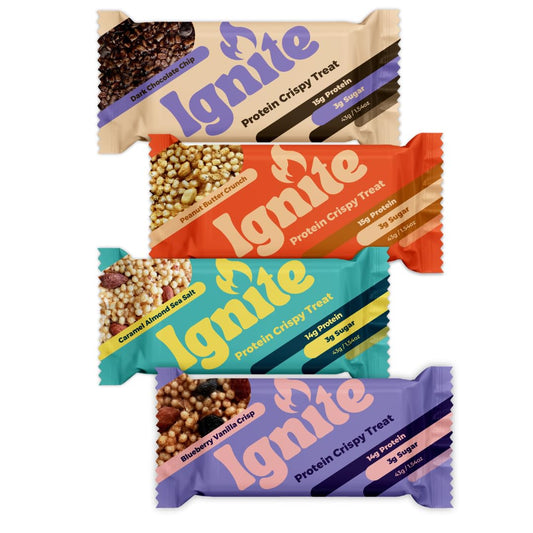 Variety Pack of Individually Wrapped High Protein Bars - Healthy Snacks for Adults & Kids, Low Sugar, Gluten Free, Paleo - Ignite Bars Boost Energy & Fiber, Crunchy Treats