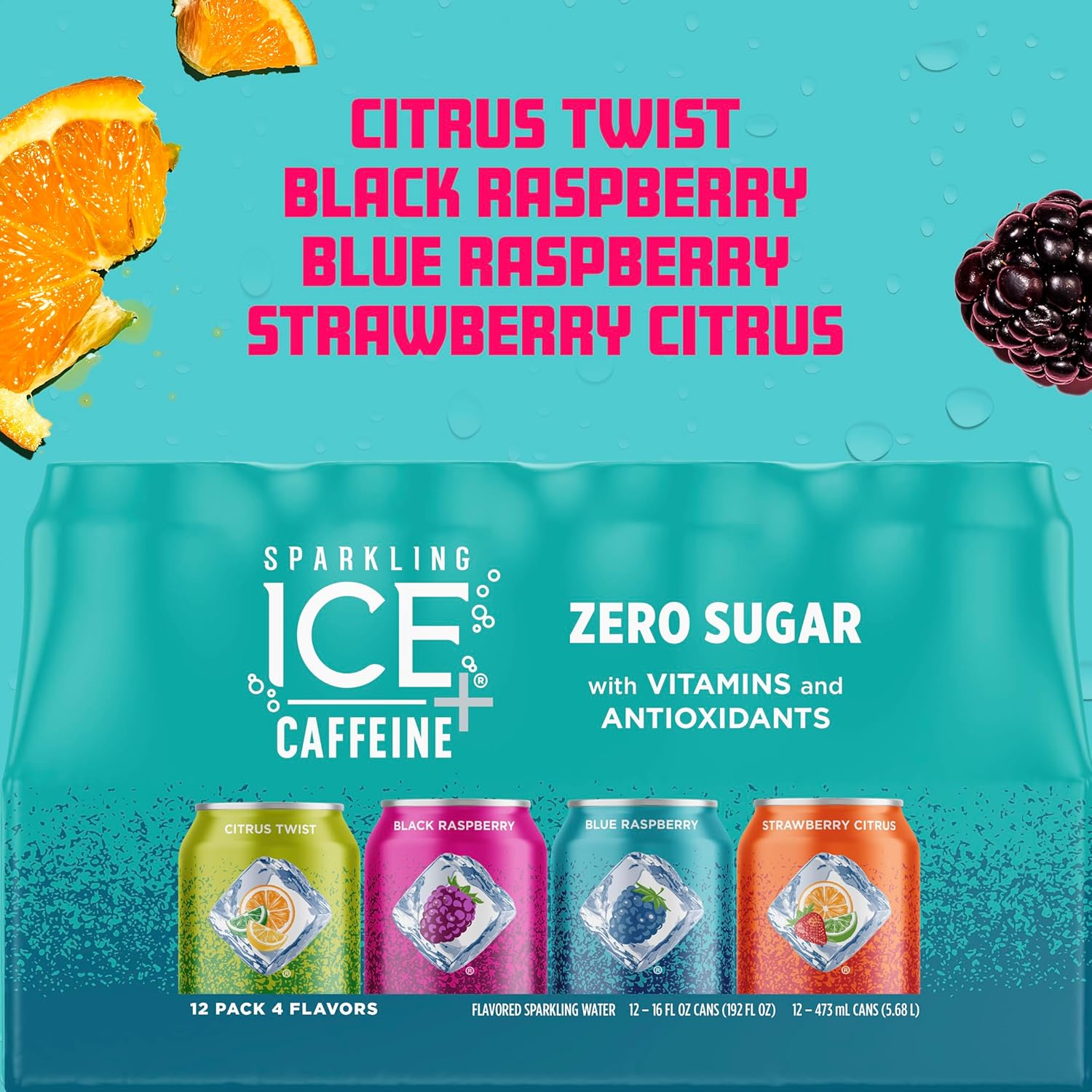Variety Pack of Sparkling Ice Caffeine Flavored Water, Zero Sugar, 16 fl oz, 12ct - Citrus, Raspberry, and Strawberry Flavors with Vitamins