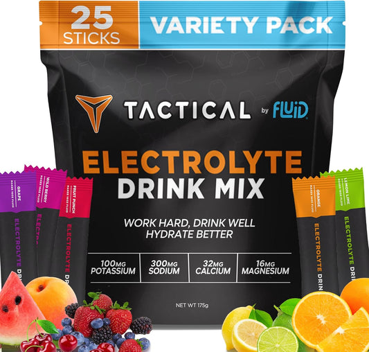 Variety Pack of Travel-Ready Electrolyte Powder Sticks for Extreme Re-Hydration and Cramp Prevention, Low Sugar Formula, Fluid Tactical