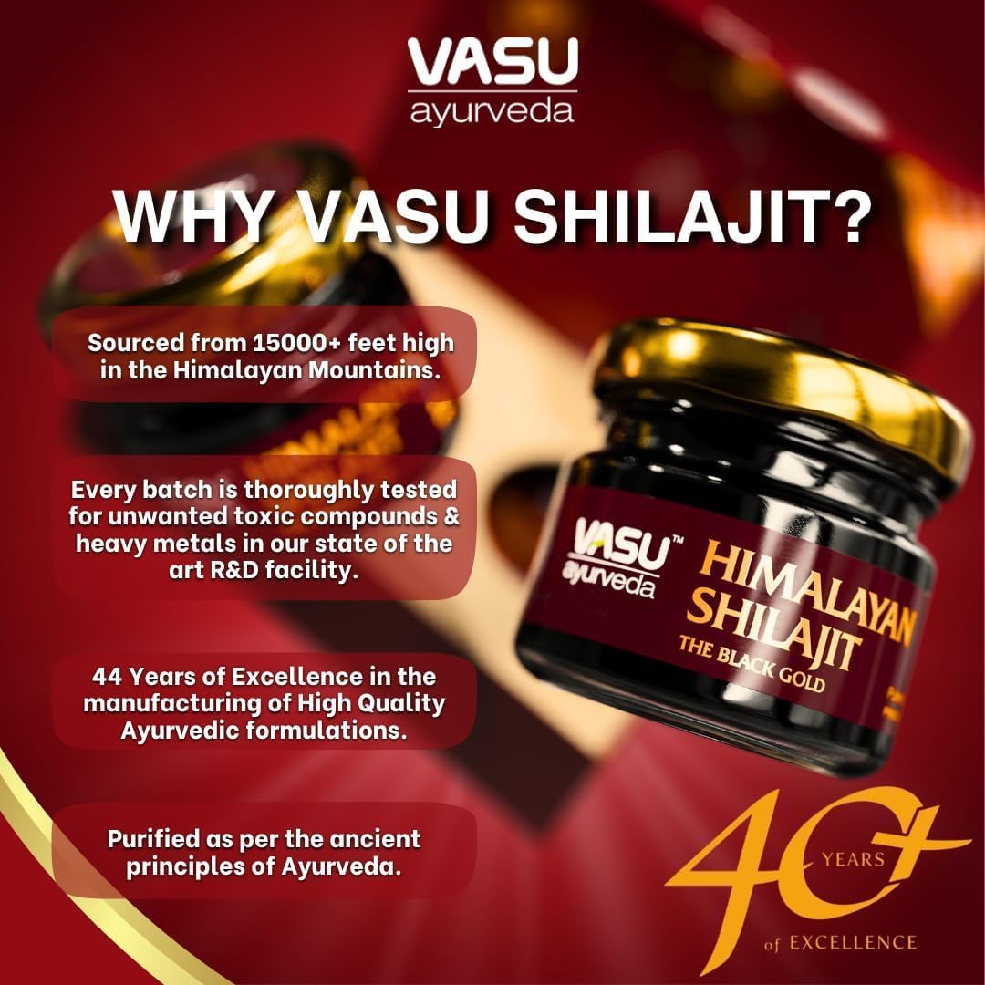 Vasu Ayurveda Himalayan Shilajit Resin: 100% Natural, High Potency, Lab Tested with Fulvic Acid & 85+ Trace Minerals - Black Gold Energy Booster (1 Pack)