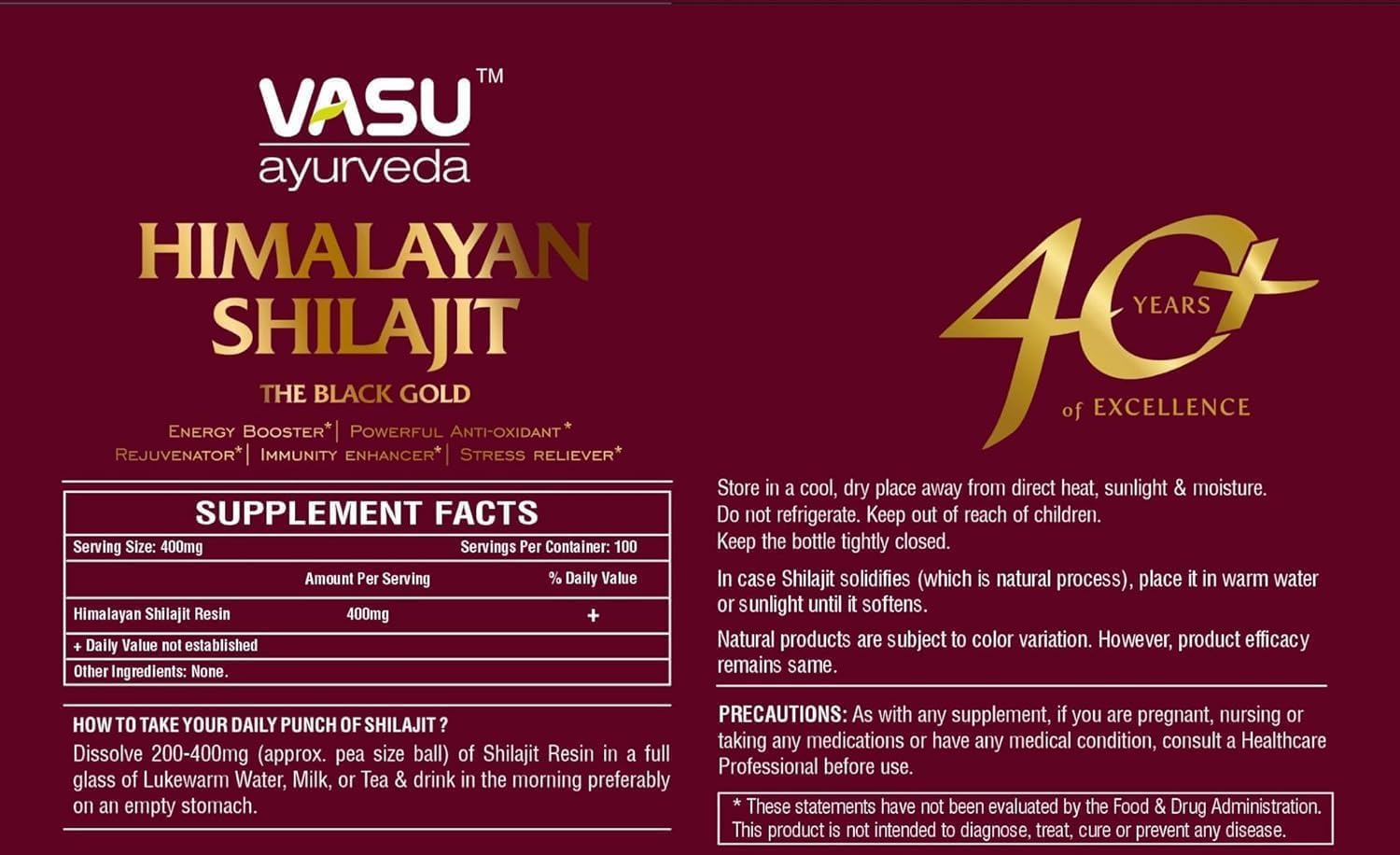 Vasu Ayurveda Himalayan Shilajit Resin: 100% Natural, High Potency, Lab Tested with Fulvic Acid & 85+ Trace Minerals - Black Gold Energy Booster (1 Pack)