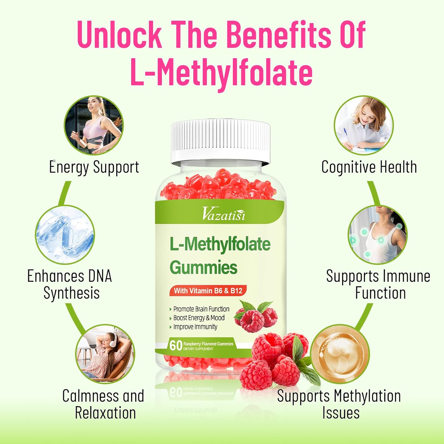 Vazatisi 15mg L-Methylfolate Gummies with Methyl B12 - Mood & Brain Health Supplement - Raspberry Flavor - 60 Count