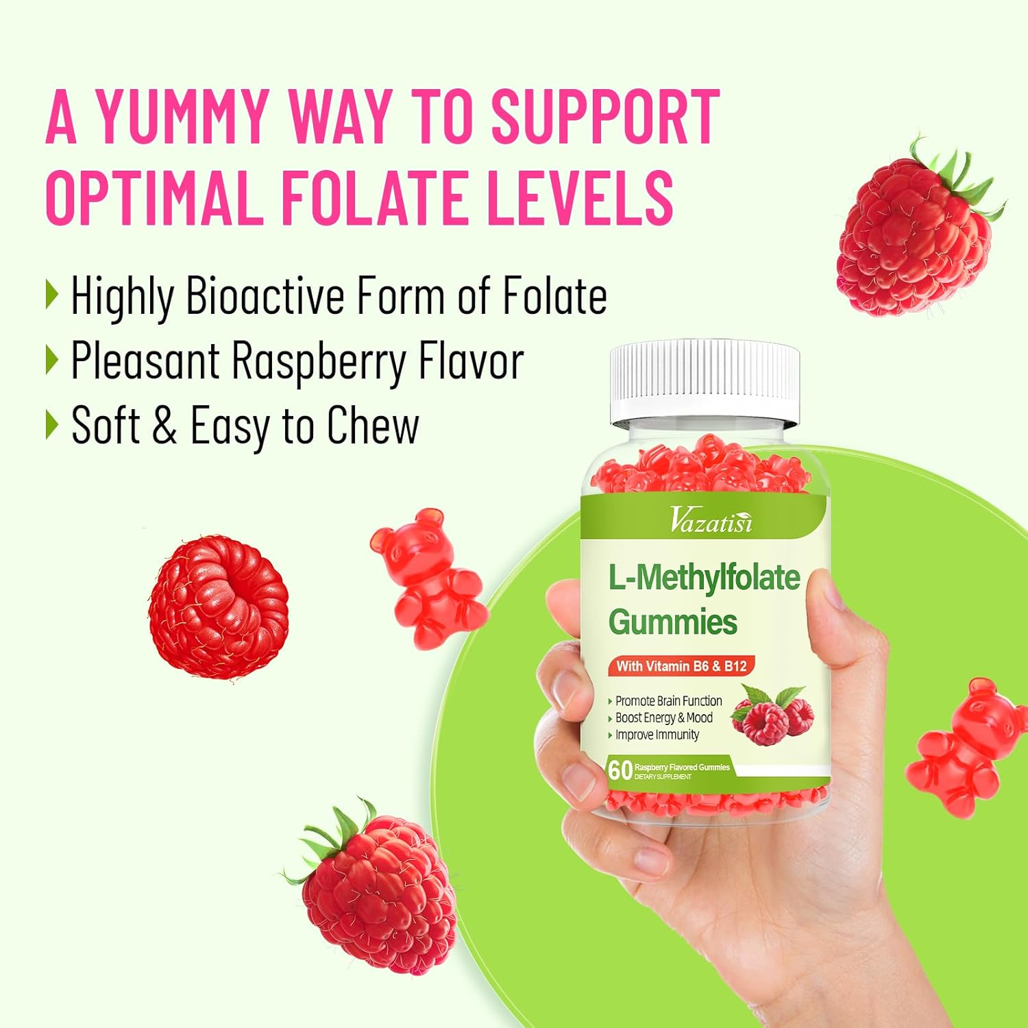 Vazatisi 15mg L-Methylfolate Gummies with Methyl B12 - Mood & Brain Health Supplement - Raspberry Flavor - 60 Count