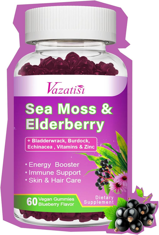 Vazatisi Blueberry Elderberry Sea Moss Gummies with Apple Cider Vinegar & Vitamins for Women, Men & Kids - 60 Ct