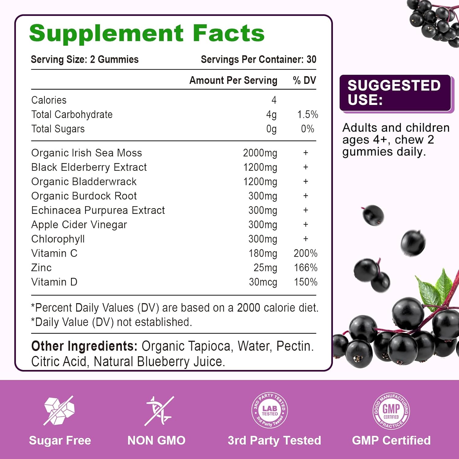Vazatisi Blueberry Elderberry Sea Moss Gummies with Apple Cider Vinegar & Vitamins for Women, Men & Kids - 60 Ct
