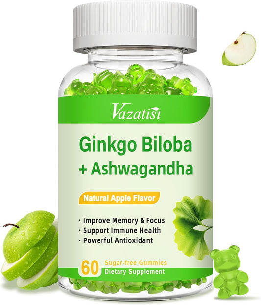 Vazatisi Ginkgo Biloba and Panax Ginseng Gummies - Vegan Apple Flavor for Mood, Focus, Energy, and Brain Health, 60 Count