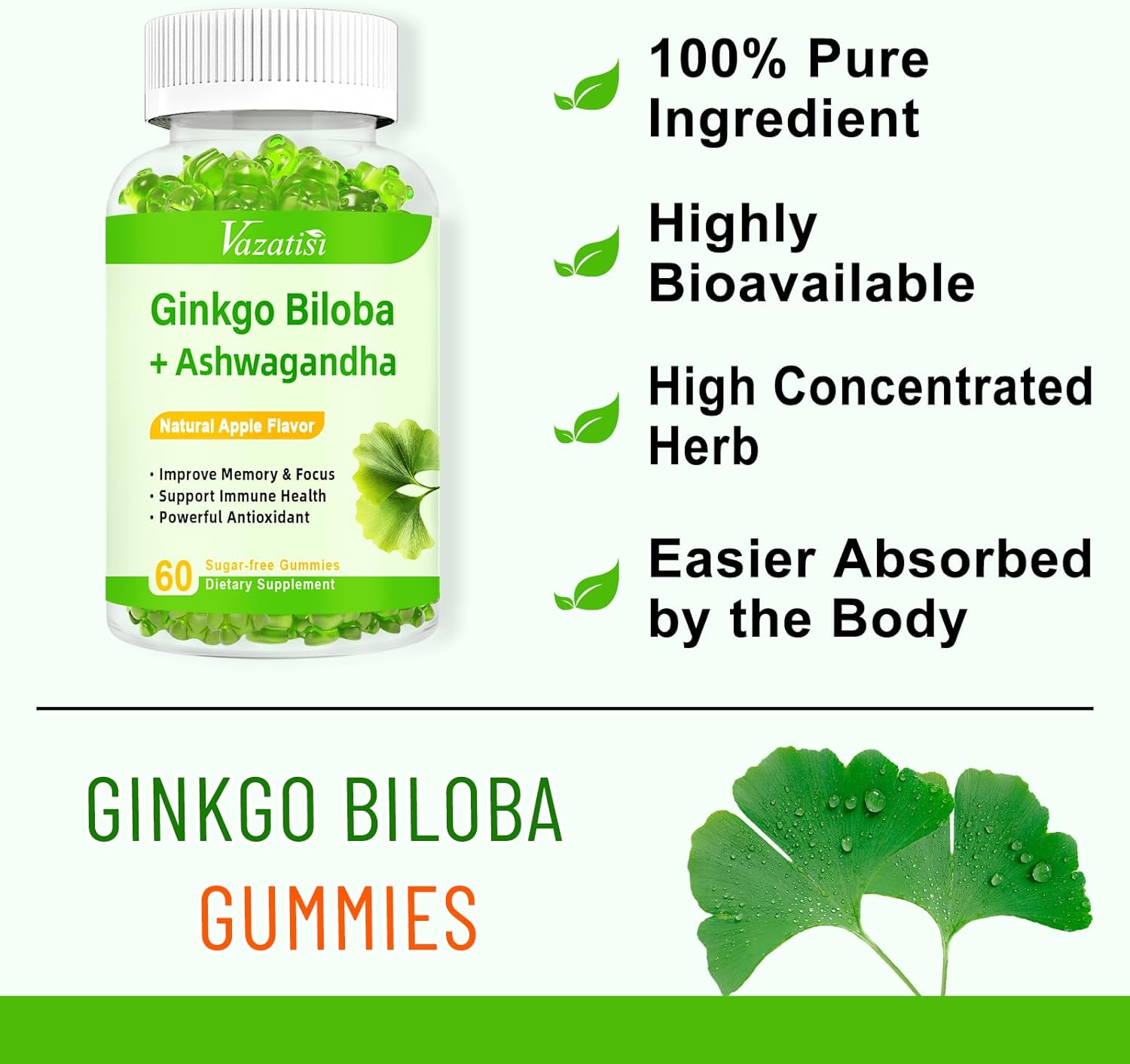 Vazatisi Ginkgo Biloba and Panax Ginseng Gummies - Vegan Apple Flavor for Mood, Focus, Energy, and Brain Health, 60 Count