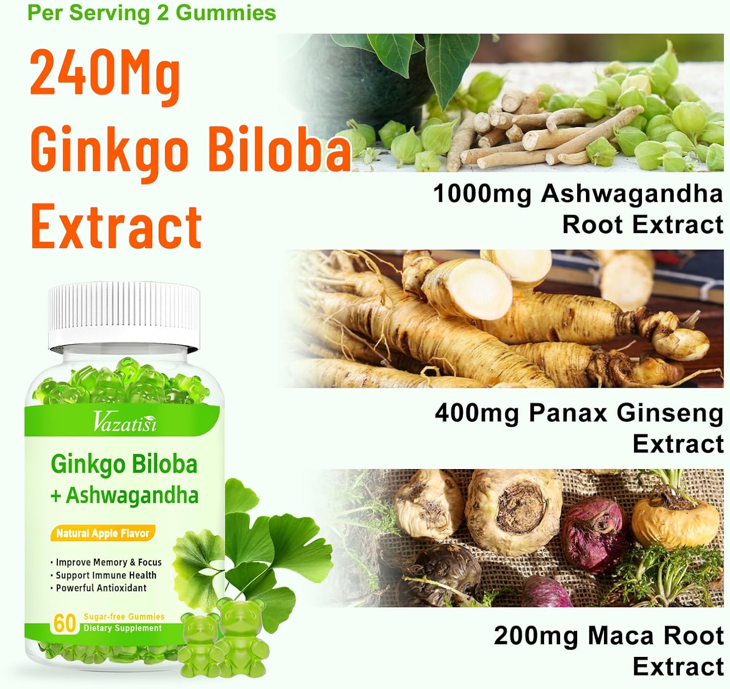 Vazatisi Ginkgo Biloba and Panax Ginseng Gummies - Vegan Apple Flavor for Mood, Focus, Energy, and Brain Health, 60 Count