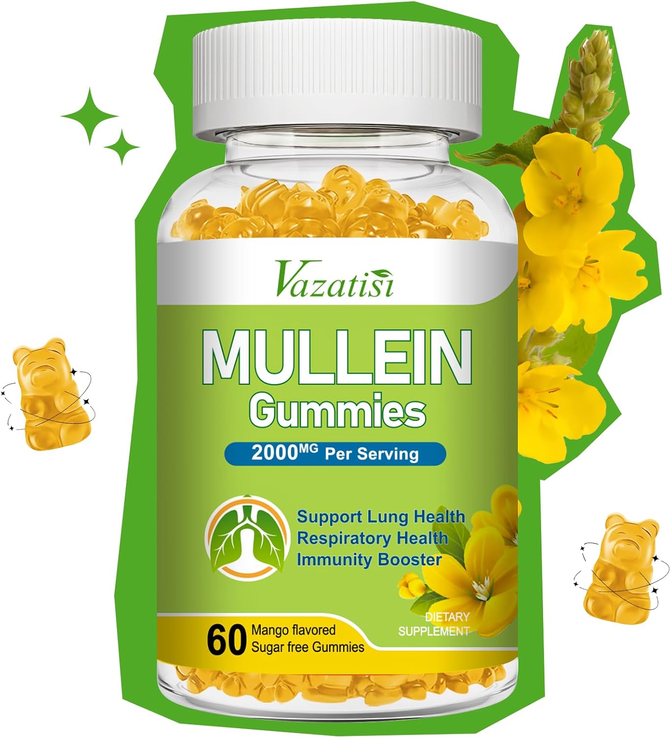 Vazatisi Mullein Leaf Gummies with Bromelain, Quercetin, and Pine Bark Extract - Lung Cleanse Support for Healthy Breathing - 60ct