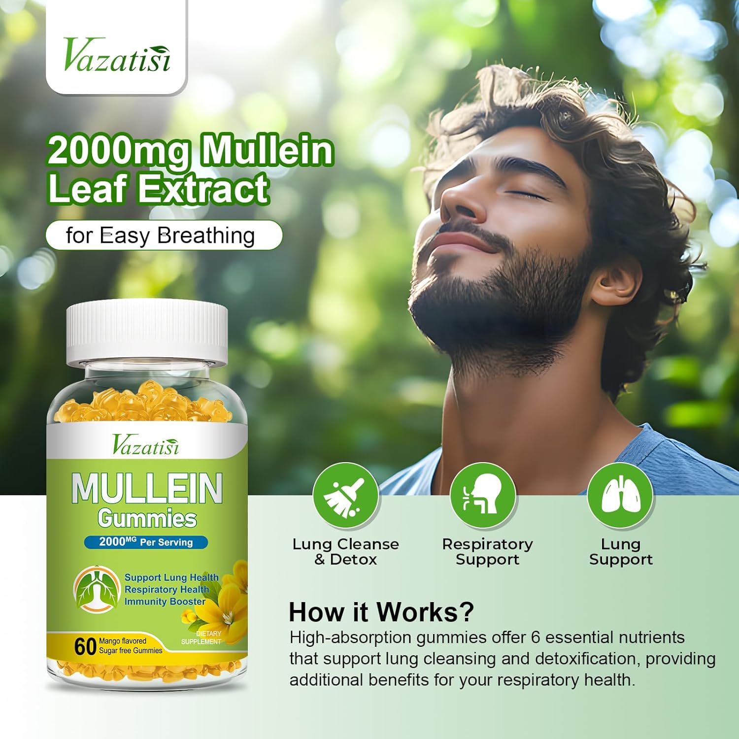 Vazatisi Mullein Leaf Gummies with Bromelain, Quercetin, and Pine Bark Extract - Lung Cleanse Support for Healthy Breathing - 60ct