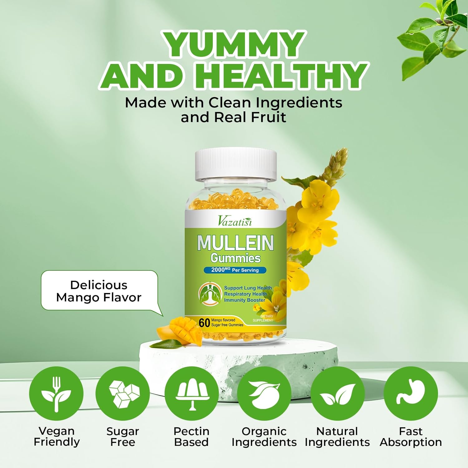 Vazatisi Mullein Leaf Gummies with Bromelain, Quercetin, and Pine Bark Extract - Lung Cleanse Support for Healthy Breathing - 60ct