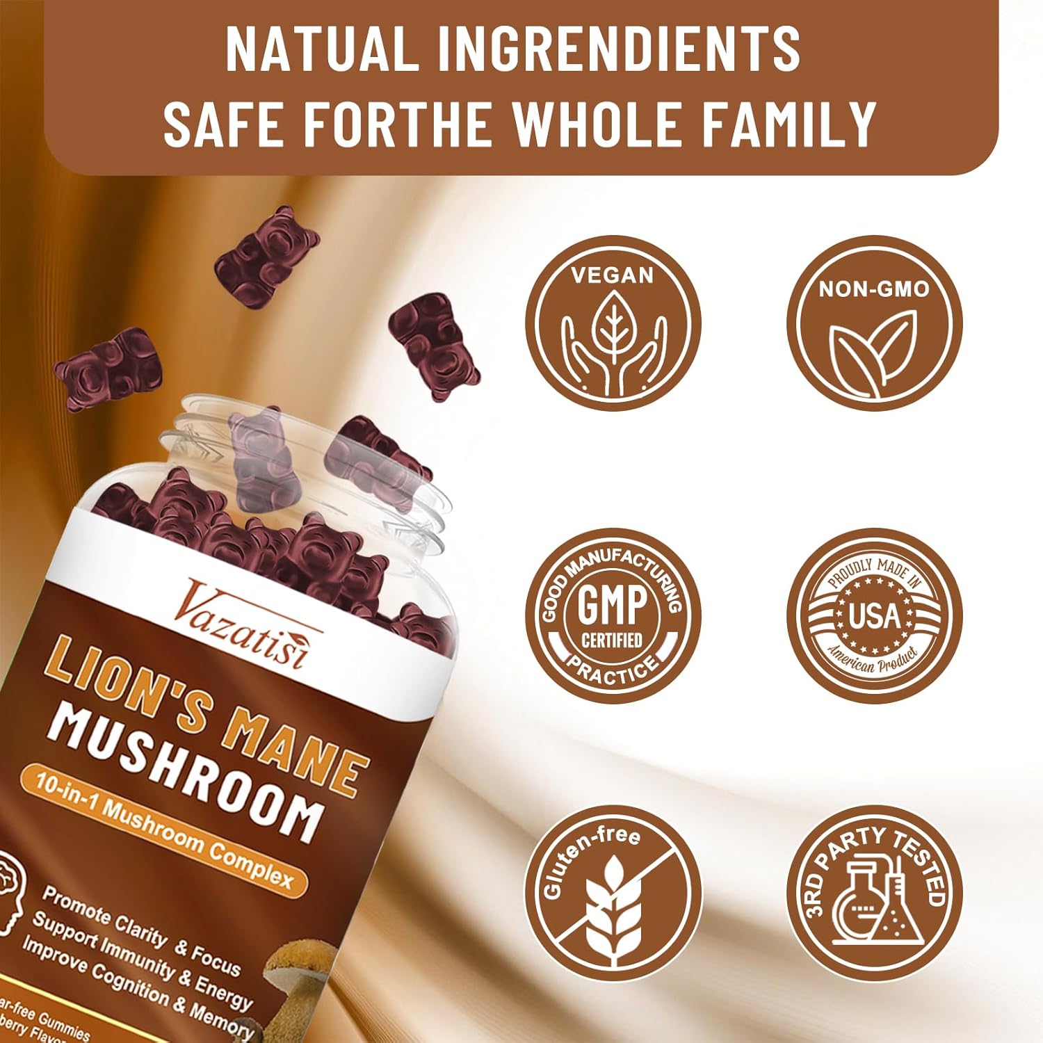 Vazatisi Organic Mushroom Gummies - 10 Mushroom Complex with Lions Mane, Shitake, Reishi - Memory & Focus Supplement - Immune Booster - 60 Raspberry Gummies