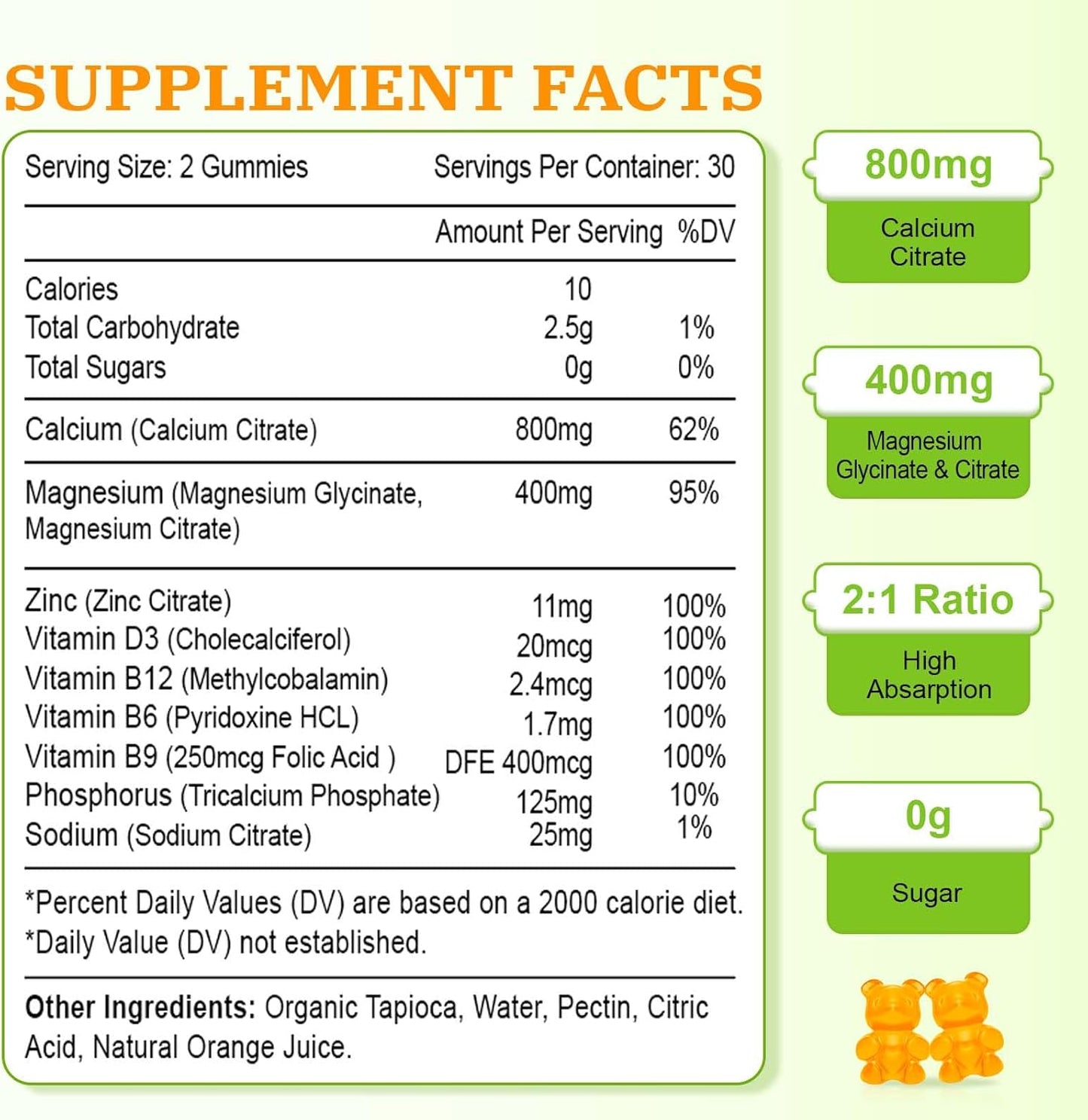 Vazatisi Vegan Calcium Magnesium Zinc Gummies with Vitamin D3 & B12, 2:1 Ratio for Bone, Muscle, Mood, Immunity - 60 Orange Gummies