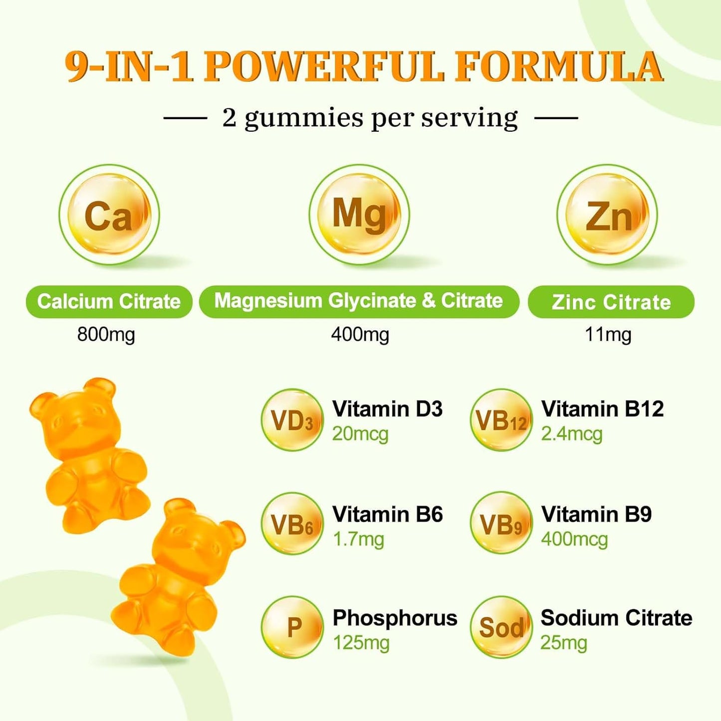 Vazatisi Vegan Calcium Magnesium Zinc Gummies with Vitamin D3 & B12, 2:1 Ratio for Bone, Muscle, Mood, Immunity - 60 Orange Gummies