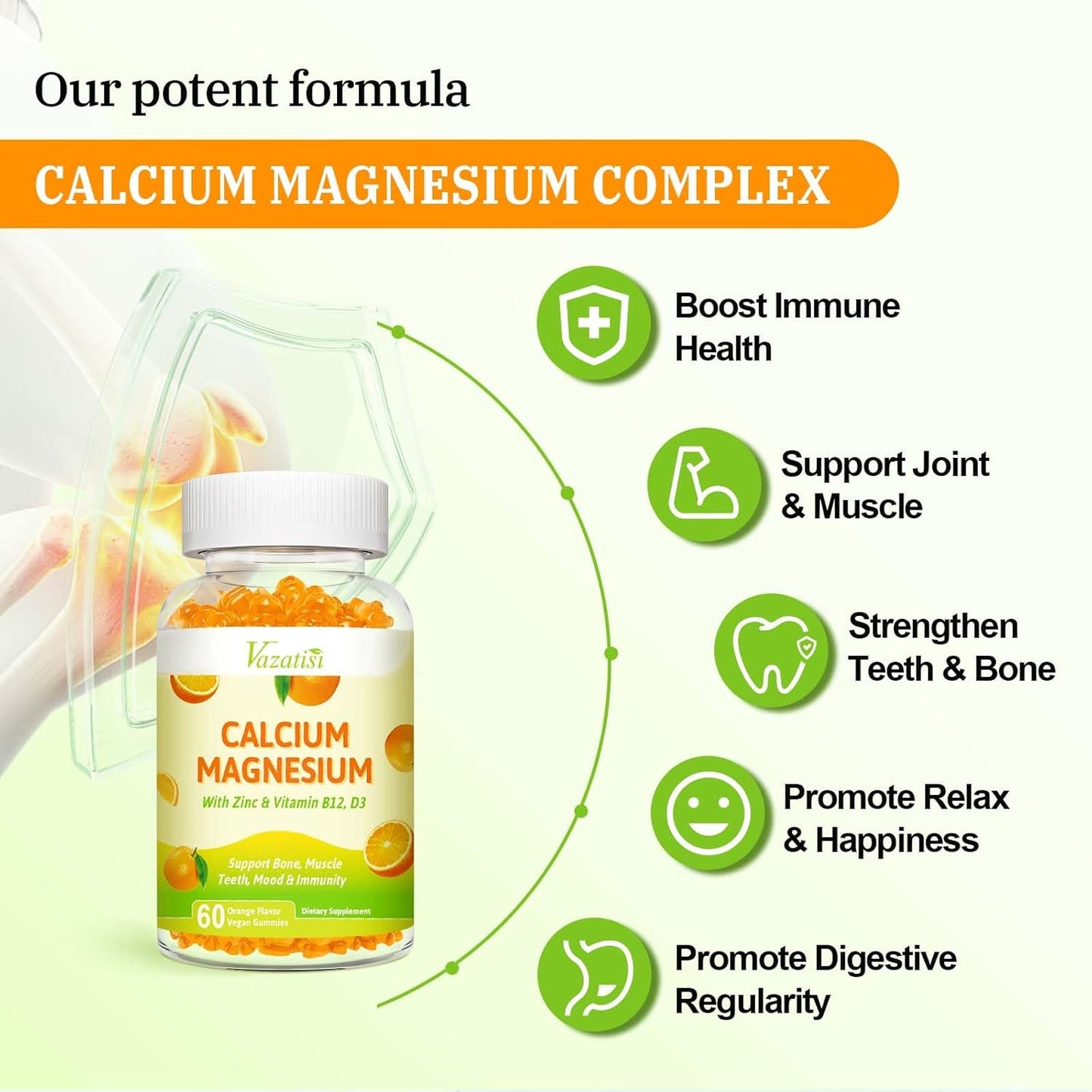 Vazatisi Vegan Calcium Magnesium Zinc Gummies with Vitamin D3 & B12, 2:1 Ratio for Bone, Muscle, Mood, Immunity - 60 Orange Gummies