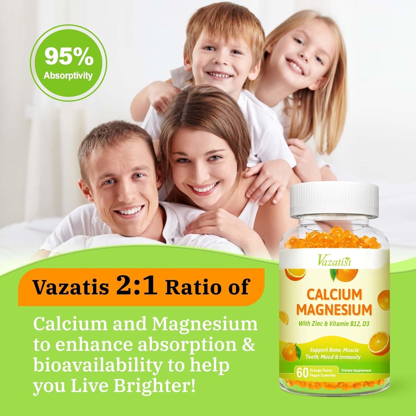 Vazatisi Vegan Calcium Magnesium Zinc Gummies with Vitamin D3 & B12, 2:1 Ratio for Bone, Muscle, Mood, Immunity - 60 Orange Gummies