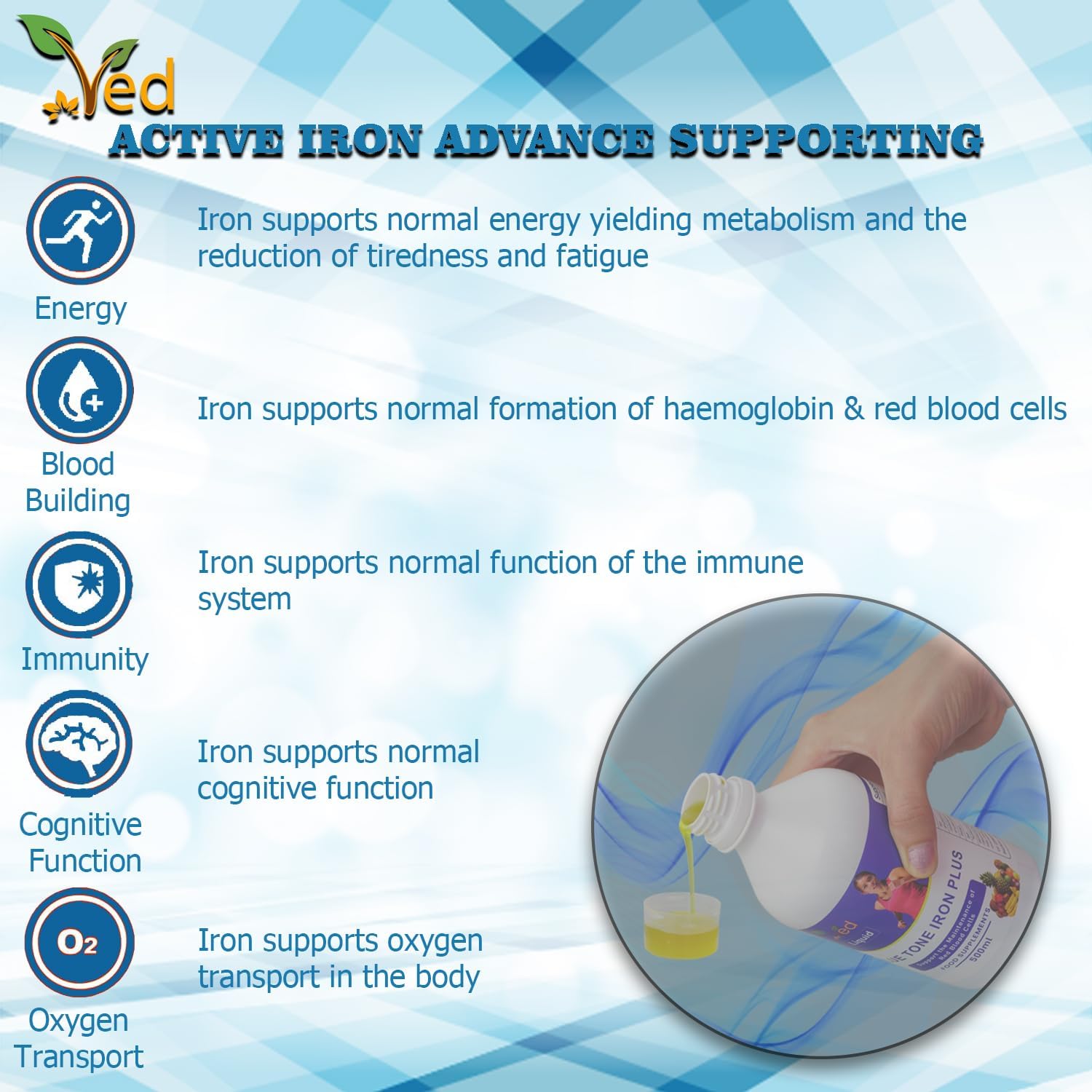 Ved Liquid Iron Supplement with Vitamin C, Mix Fruit Flavor, High Absorption for Energy & Immunity, Gentle on Stomach - 25 Day Supply for Men & Women