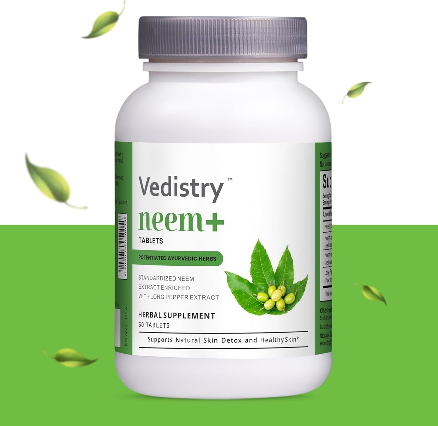 VEDISTRY Neem Plus Tablets 1100mg with Long Pepper | Promotes Healthy Skin, Detoxification, & Immune System | Vegan Herbal Supplement for Mild Acne | 60 Tablets