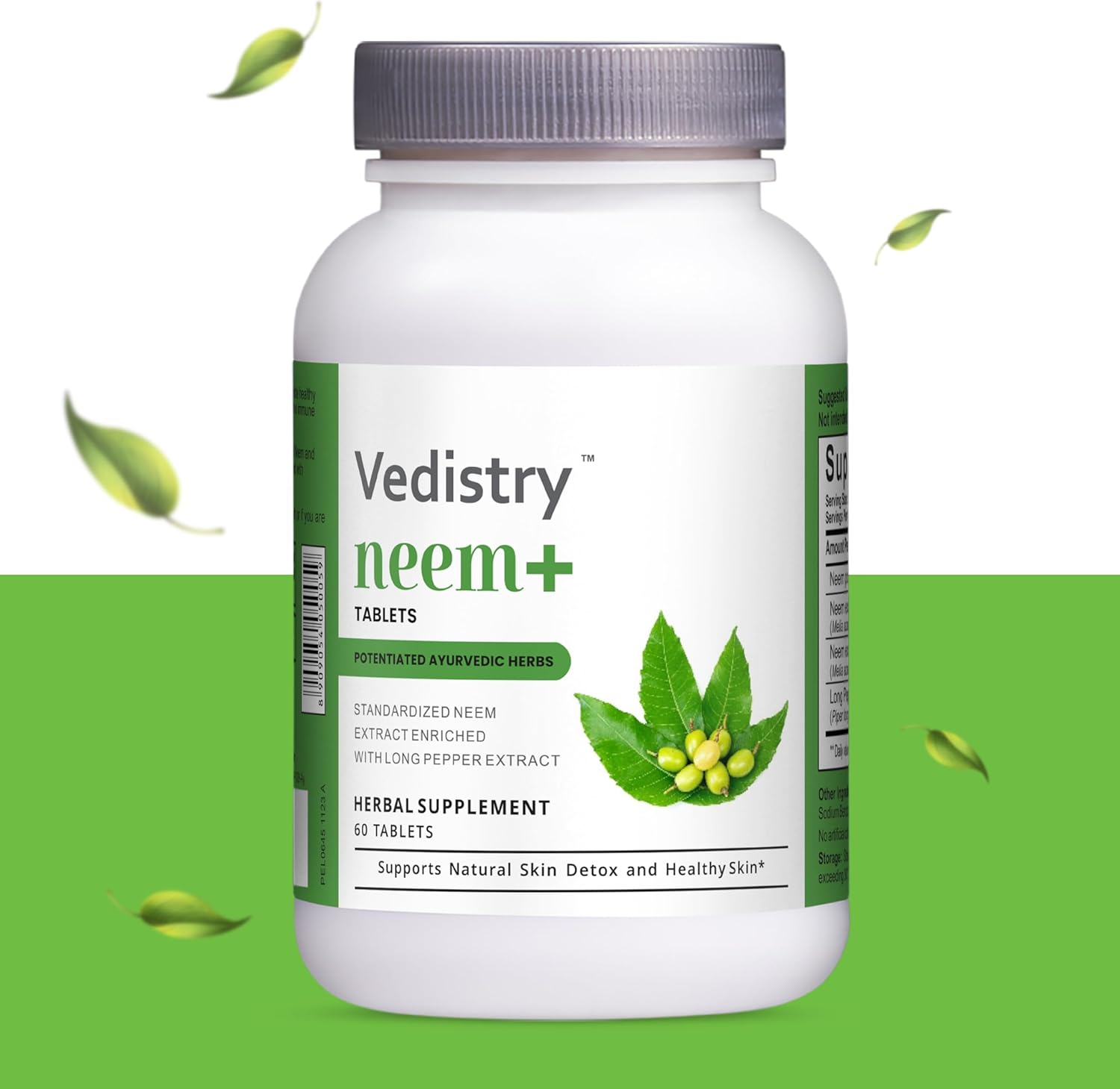 VEDISTRY Neem Plus Tablets 1100mg with Long Pepper | Promotes Healthy Skin, Detoxification, & Immune System | Vegan Herbal Supplement for Mild Acne | 60 Tablets