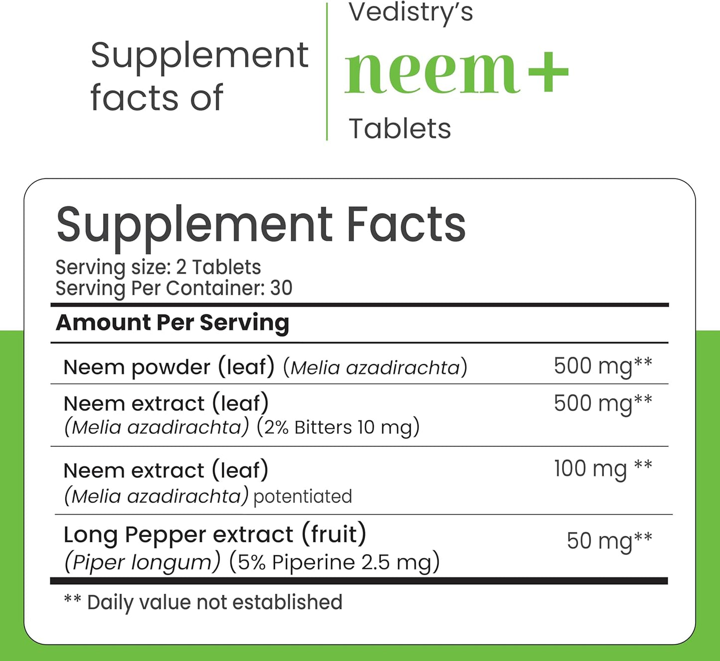 VEDISTRY Neem Plus Tablets 1100mg with Long Pepper | Promotes Healthy Skin, Detoxification, & Immune System | Vegan Herbal Supplement for Mild Acne | 60 Tablets