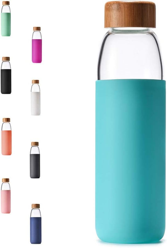 Veegoal 18 Oz Borosilicate Glass Water Bottle with Bamboo Lid - BPA-FREE, Non-Slip Sleeve, Stainless Steel Leak Proof Cap - Reusable for Men and Women