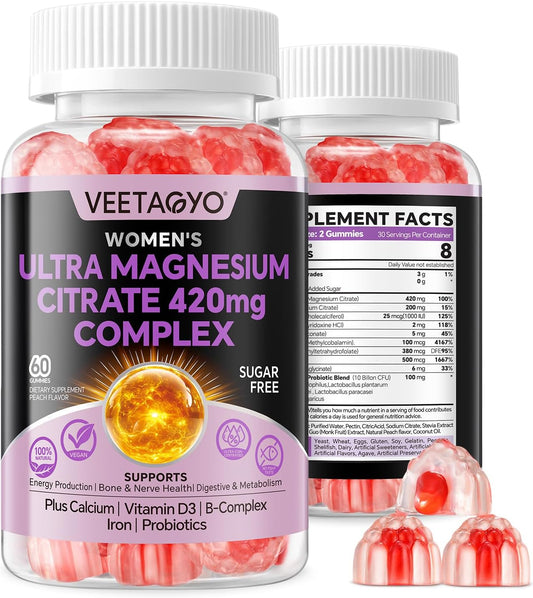 VEETAGYO Magnesium Citrate Gummies 420mg with Probiotics & Essential Nutrients - Supports Bone, Nerve, and Muscle Health - Vegan Formula - 60 Count