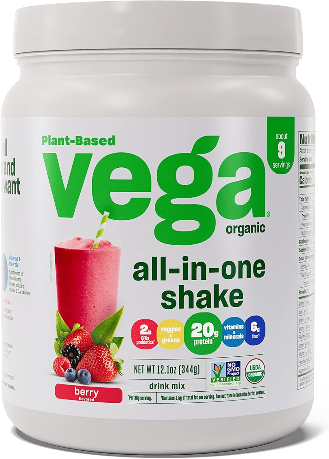 Vega Berry Organic All-in-One Vegan Protein Powder - Superfood Ingredients, Immunity Support, Keto-Friendly, 12.1 oz.