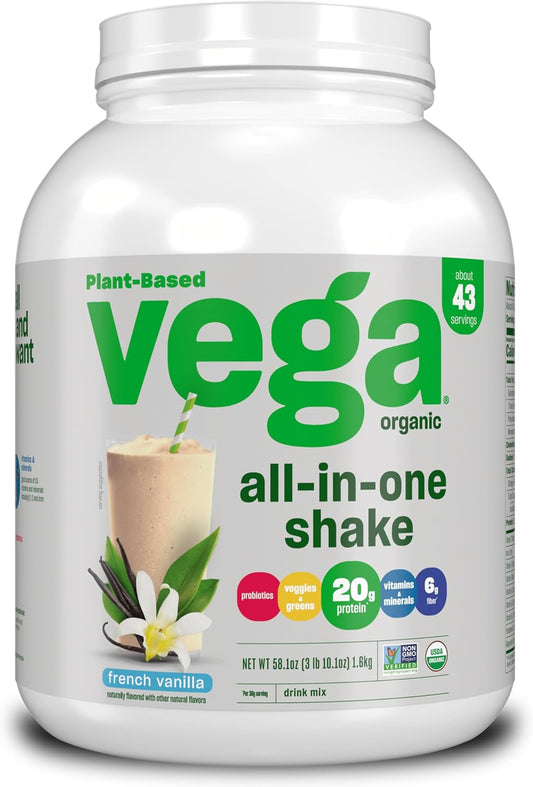 Vega French Vanilla Organic All-in-One Vegan Protein Powder with Superfoods & Vitamins, 3.1 lbs - Keto Friendly, Pea Protein for Women & Men