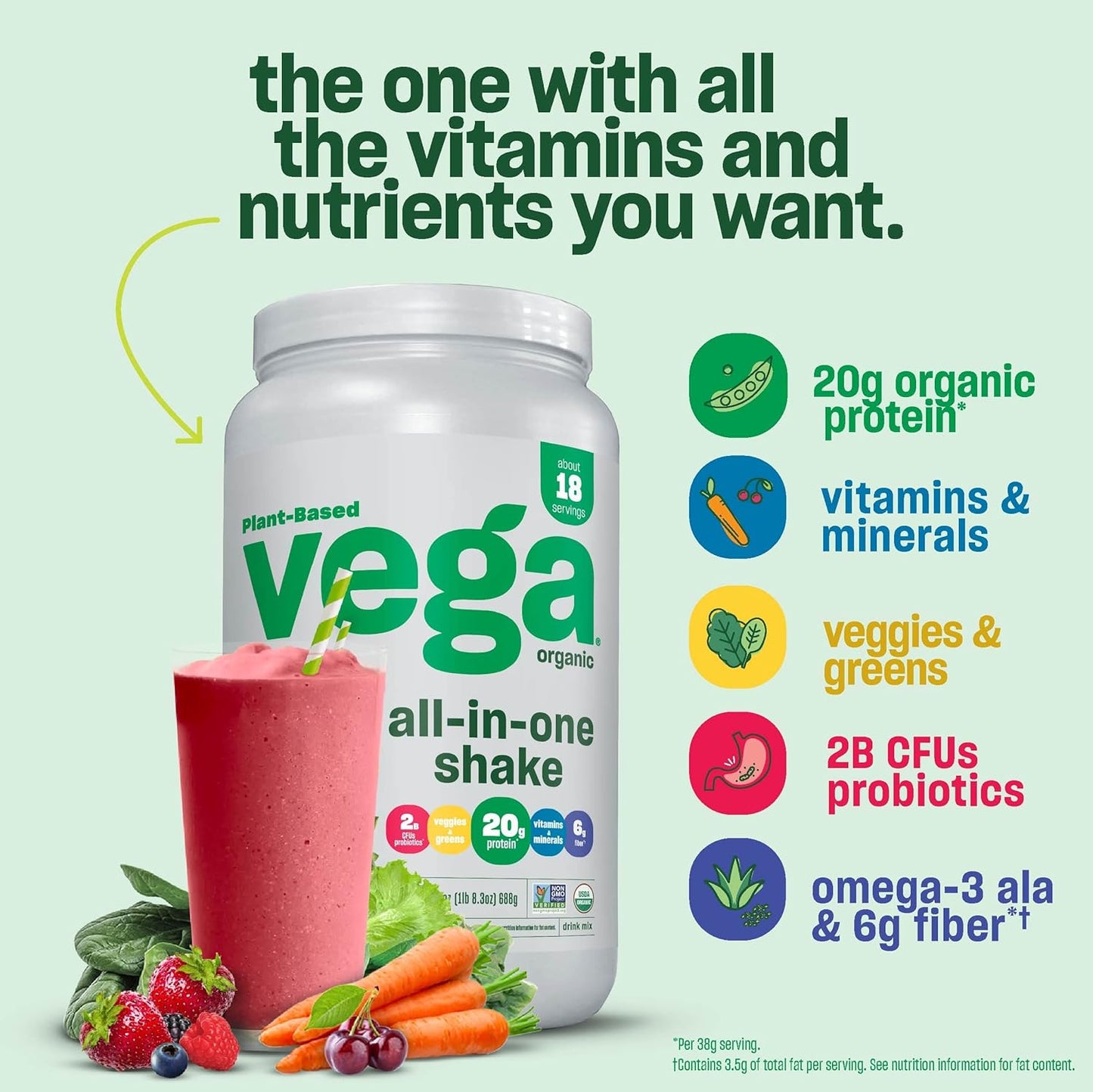 Vega Organic All-in-One Shake 26.9 OZ - Plant-Based Protein Powder