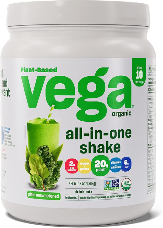 Vega Organic All-in-One Vegan Protein Powder, Unsweetened - Superfood Ingredients, Immunity Support, Keto Friendly, Pea Protein, 13.5 oz