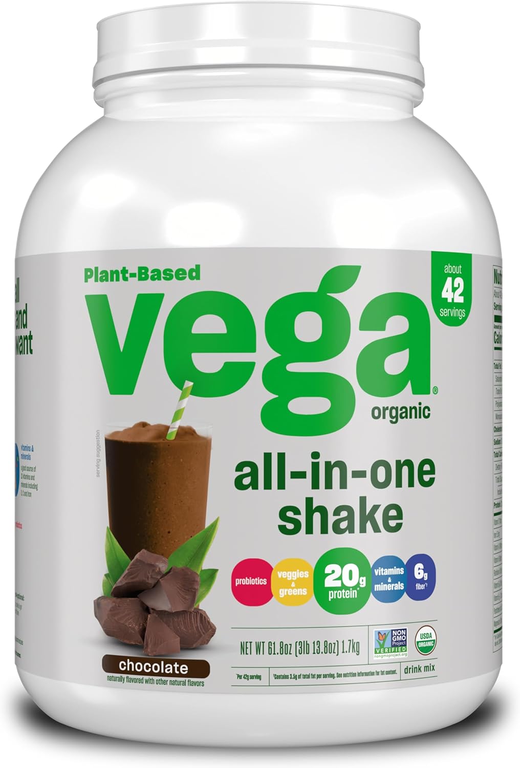 Vega Organic Chocolate Vegan Protein Powder with Superfood Ingredients, Vitamins, Keto Friendly, 61.8 Oz