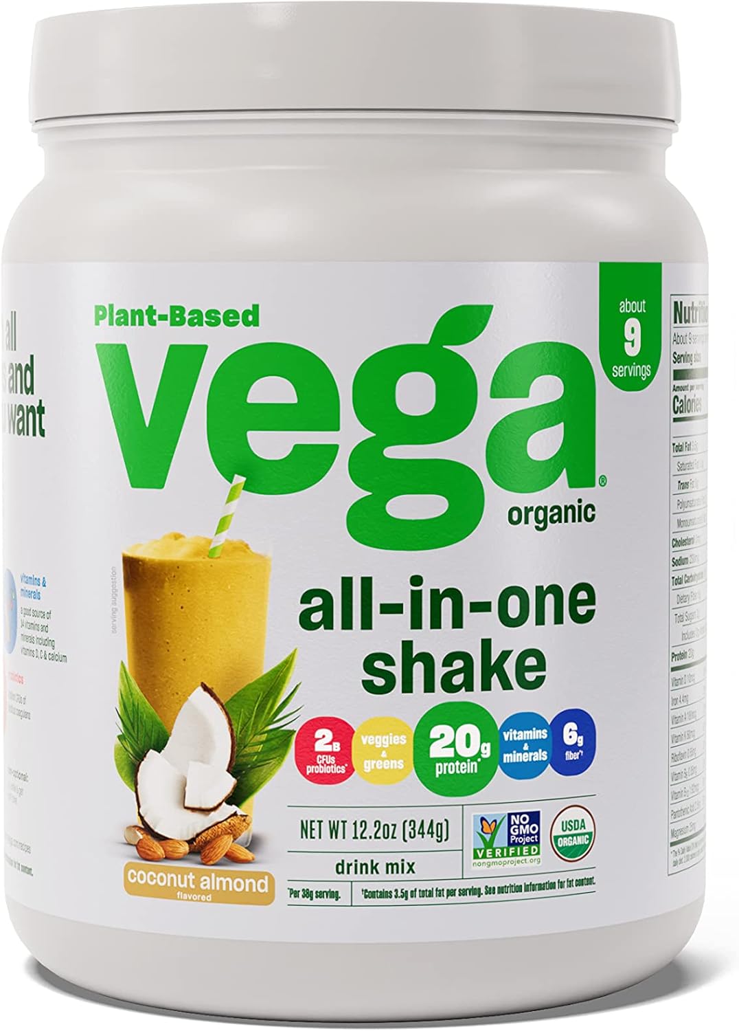 Vega Organic Coconut Almond Protein Powder - Superfood Ingredients, Immunity Support, Keto Friendly, Pea Protein - 12.1 oz