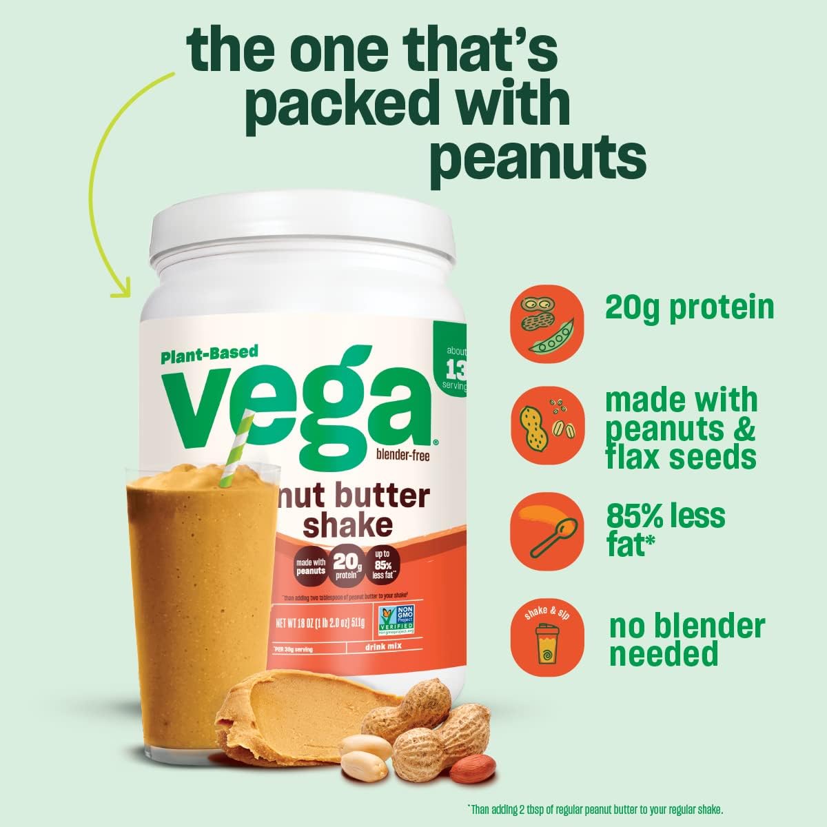 Vega Peanut Butter & Banana Vegan Protein Powder Shake - 20g Protein, Real Food Ingredients, No Added Sugar - 1.39 lbs