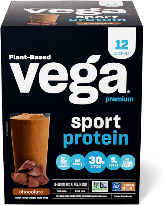 Vega Sport Premium Chocolate Vegan Protein Powder - 30g Plant-Based Protein, 5g BCAAs, Low Carb, Keto-Friendly, Dairy-Free, Gluten-Free, Pea Protein Sachets for Men & Women (12 Pack)