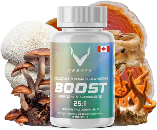 VEGAIN Adaptogenic Mushroom Blend | 60 Servings, High Potency 25:1 Extract | Maitake, Shiitake, Reishi, Cordyceps, Lion's Mane - Stress Reduction, Endurance & Energy - 60 Vegan Caps